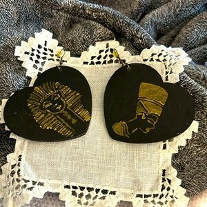 Vintage 1980’s Large Wood Heart Earrings Gold Painted Egyptian Pharaohs